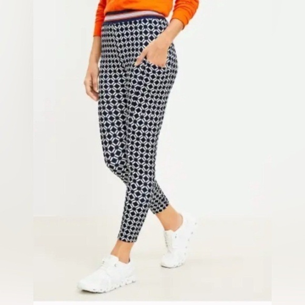Lou & Grey Geometric‎ Print Leggings Navy White Striped Waistband XS